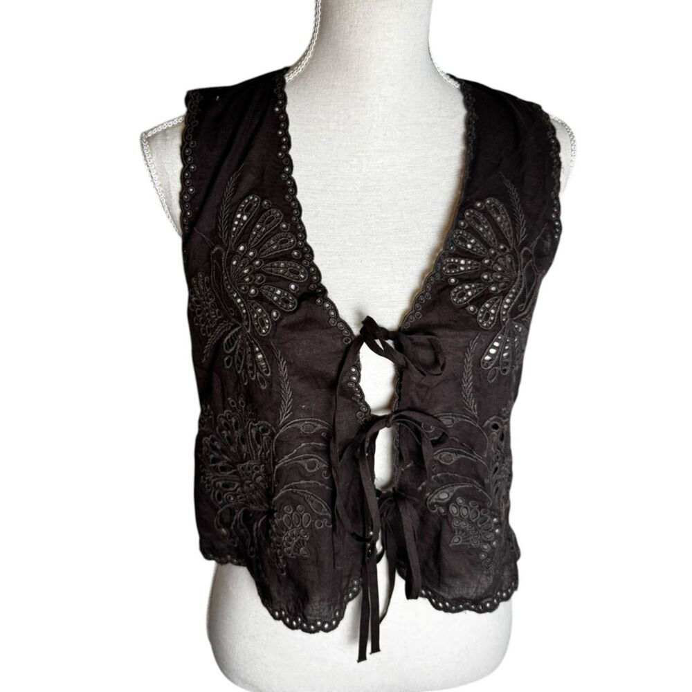 Free People Sweet Escape embroidered eyelet tie front top in brown XS - Picture 3 of 8